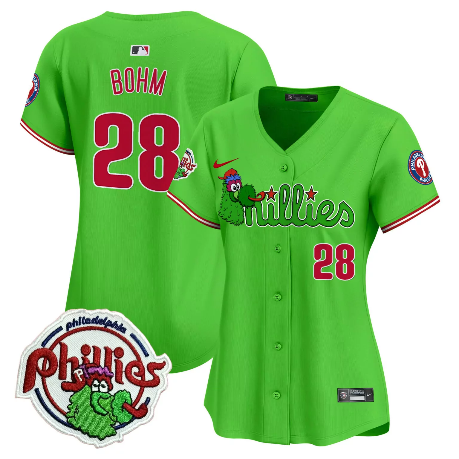 Alec Bohm 28 Jersey Lime Green Philadelphia Phillies Phanatic Women Red White v3