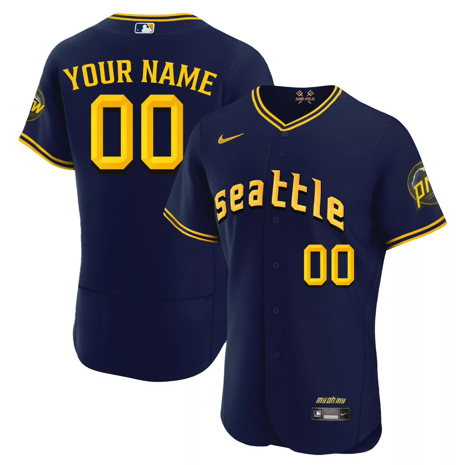 Custom Seattle Mariners Jersey Navy Men Yellow Flex All Stitched