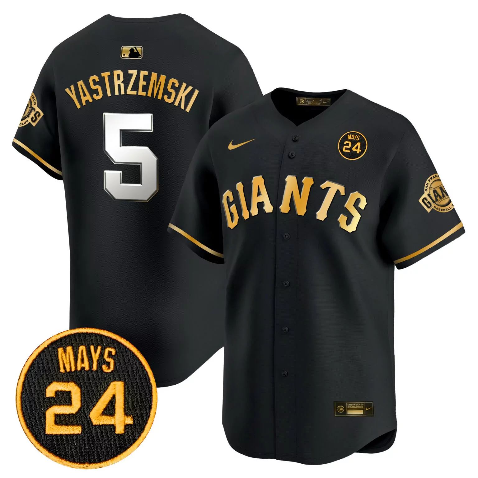 Yastrzemski 5 Giants Jersey Black Mays 24 Men Gold v3 All Stitched