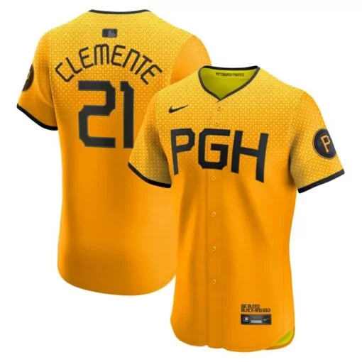 Roberto Clemente 21 Jersey Gold Pittsburgh Pirates Men Button-up Black Elite