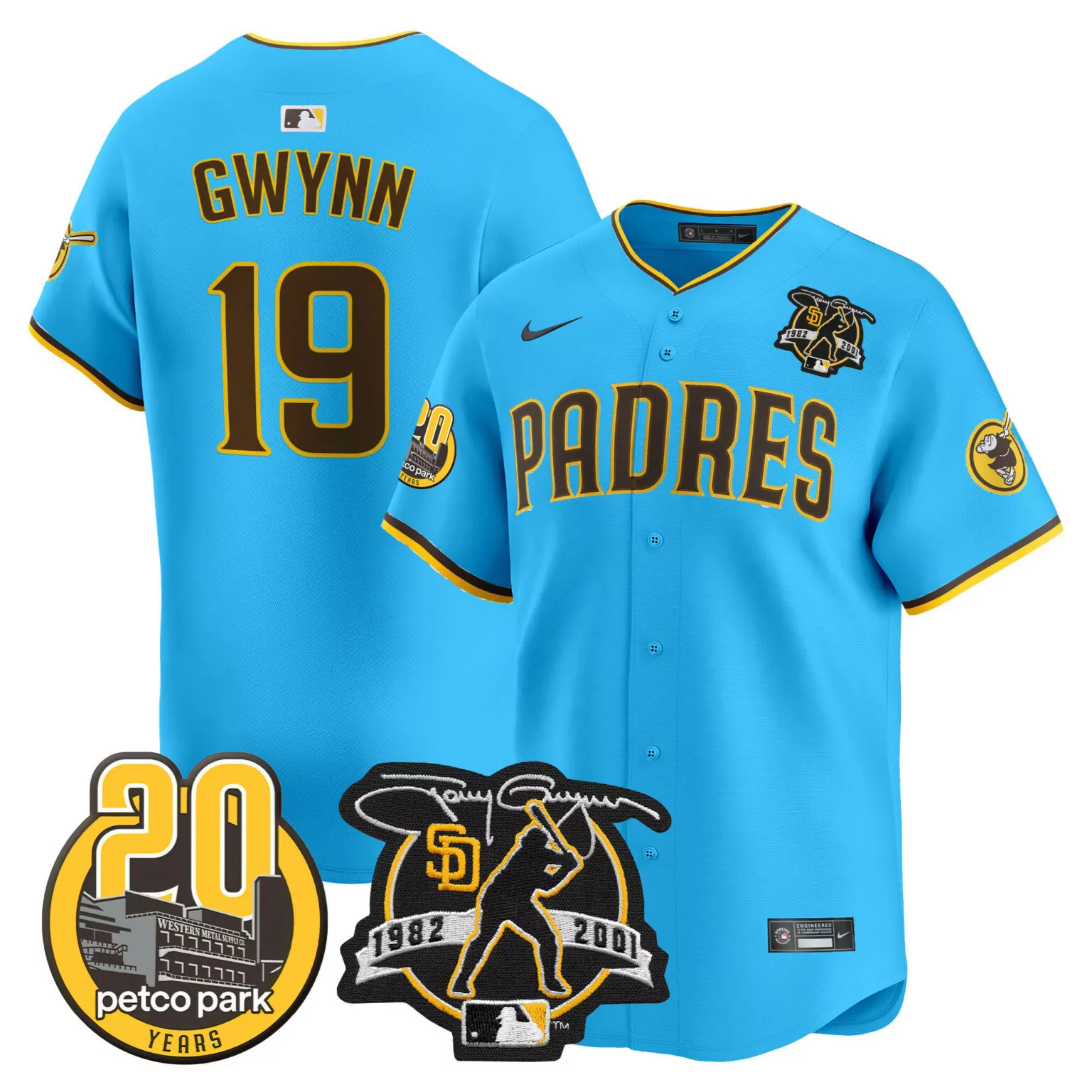 Tony Gwynn 19 Padres Jersey Blue Petco Park 20 Years 1982-2001 Men Yellow Brown v2