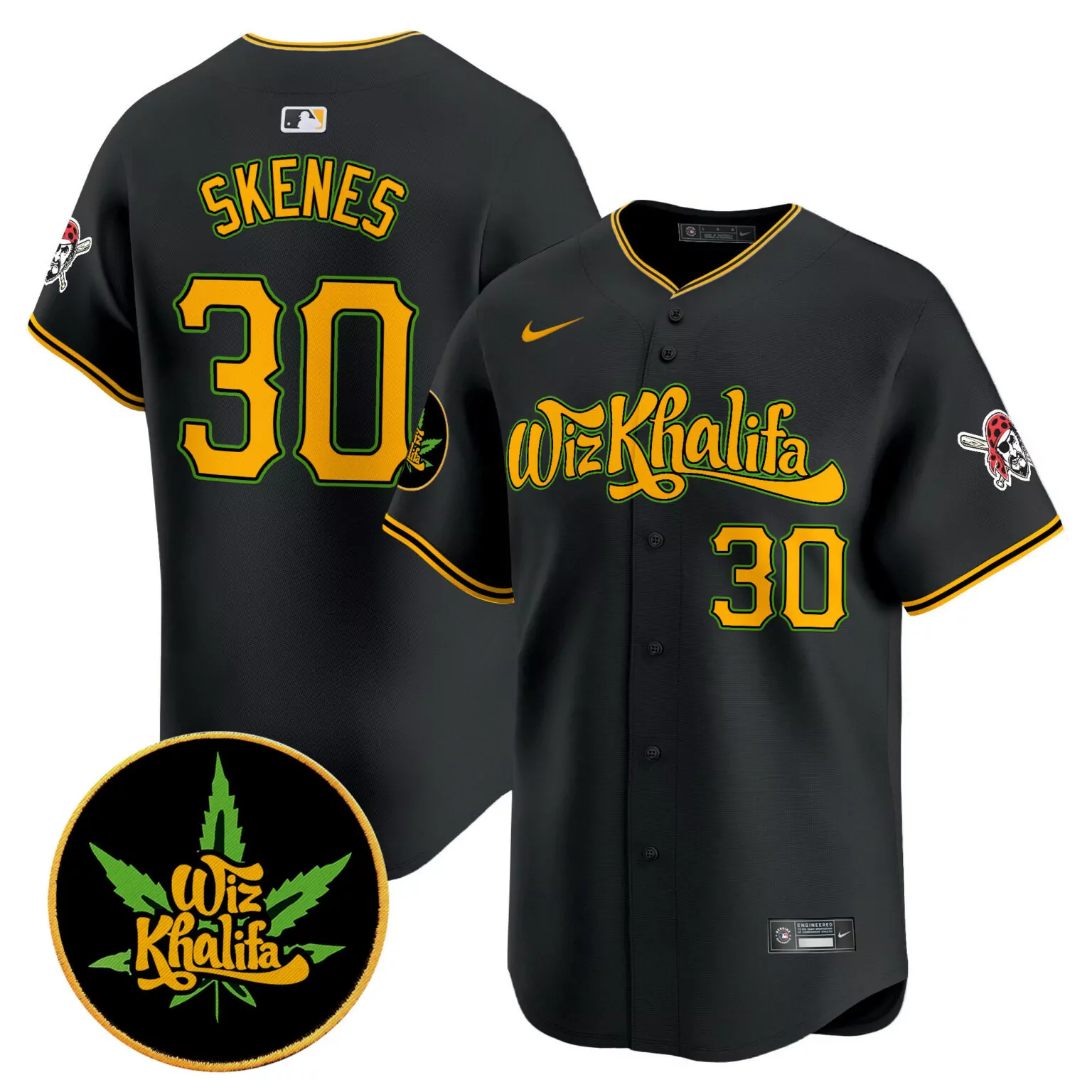 Paul Skenes 30 Pittsburgh Pirates Jersey Black Wiz Khalifa Marijuana Leaf Men Gold