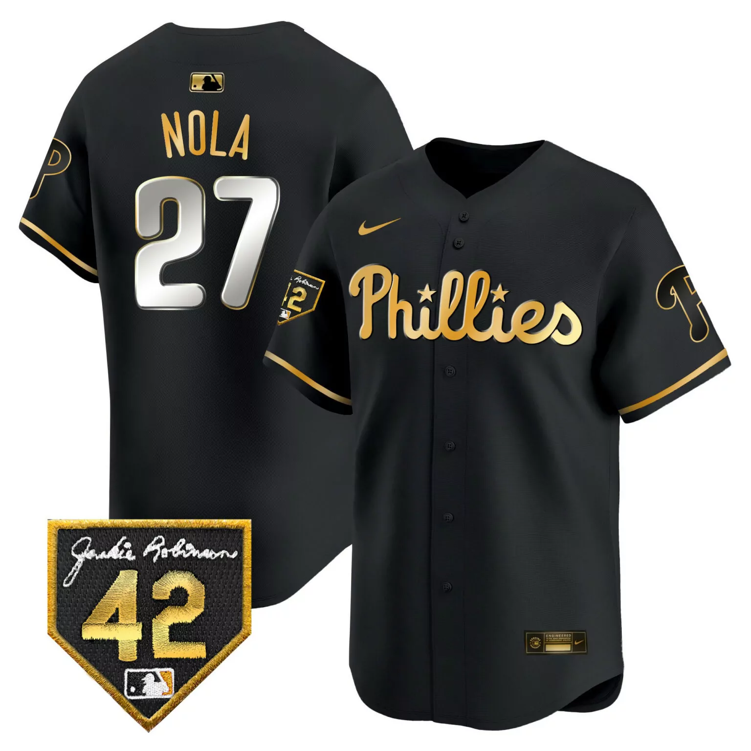 Aaron Nola 27 Phillies Jersey Black Jackie Robinson Day 42 Men Gold Silver Vapor
