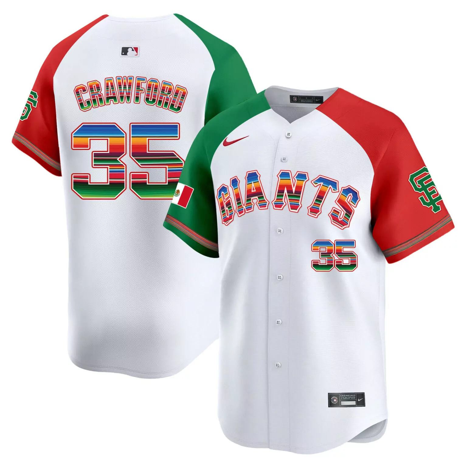 Brandon Crawford 35 Giants Jersey White Mexico Flag Split Custom Design Red Green
