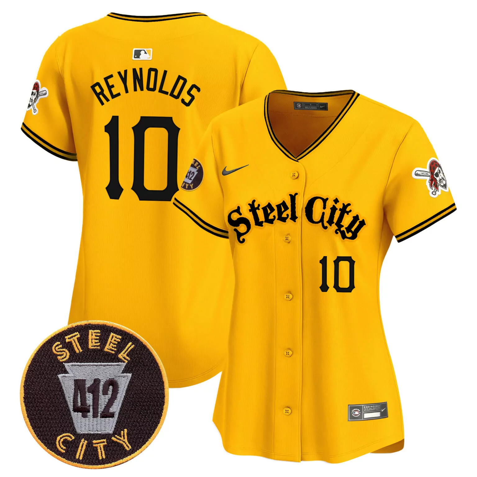 Bryan Reynolds 10 Jersey Yellow Pittsburgh Pirates Steel City 412 Cap Bat Women Black