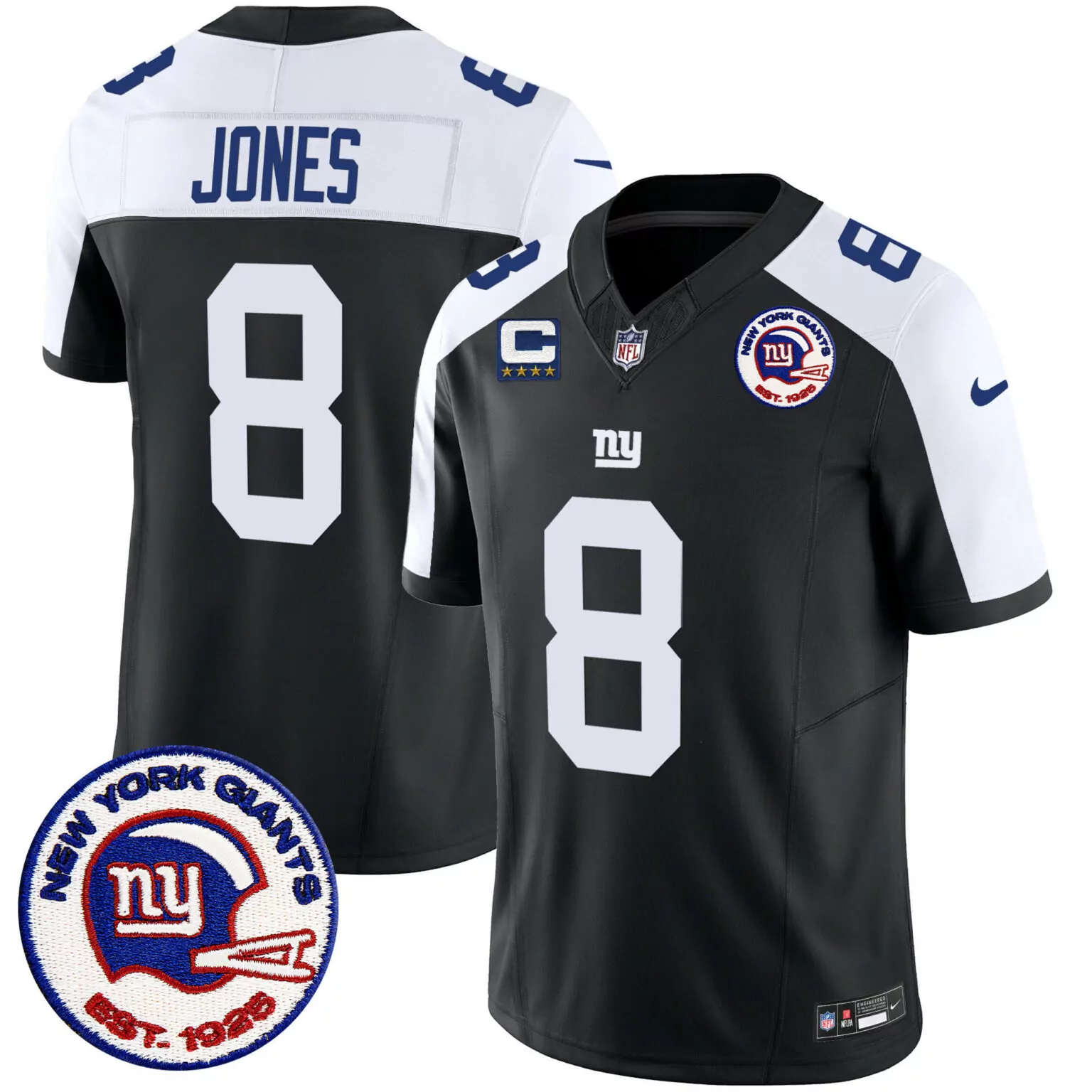Daniel Jones 8 New York Giants Jersey Black 1925 Men Alternate White Blue All Stitched