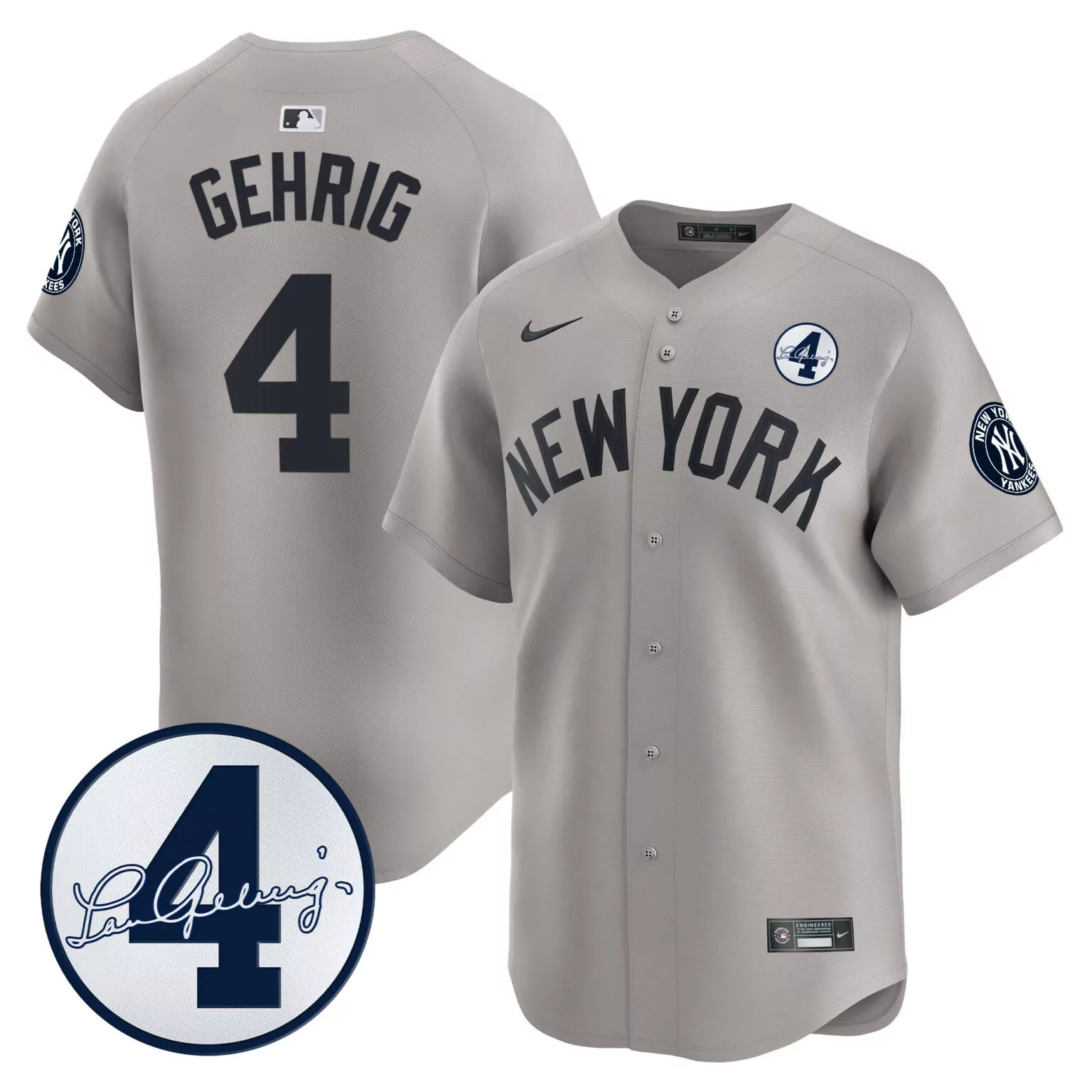 Lou Gehrig 4 New York Yankees Jersey Gray Signature Number Men Navy All Stitched