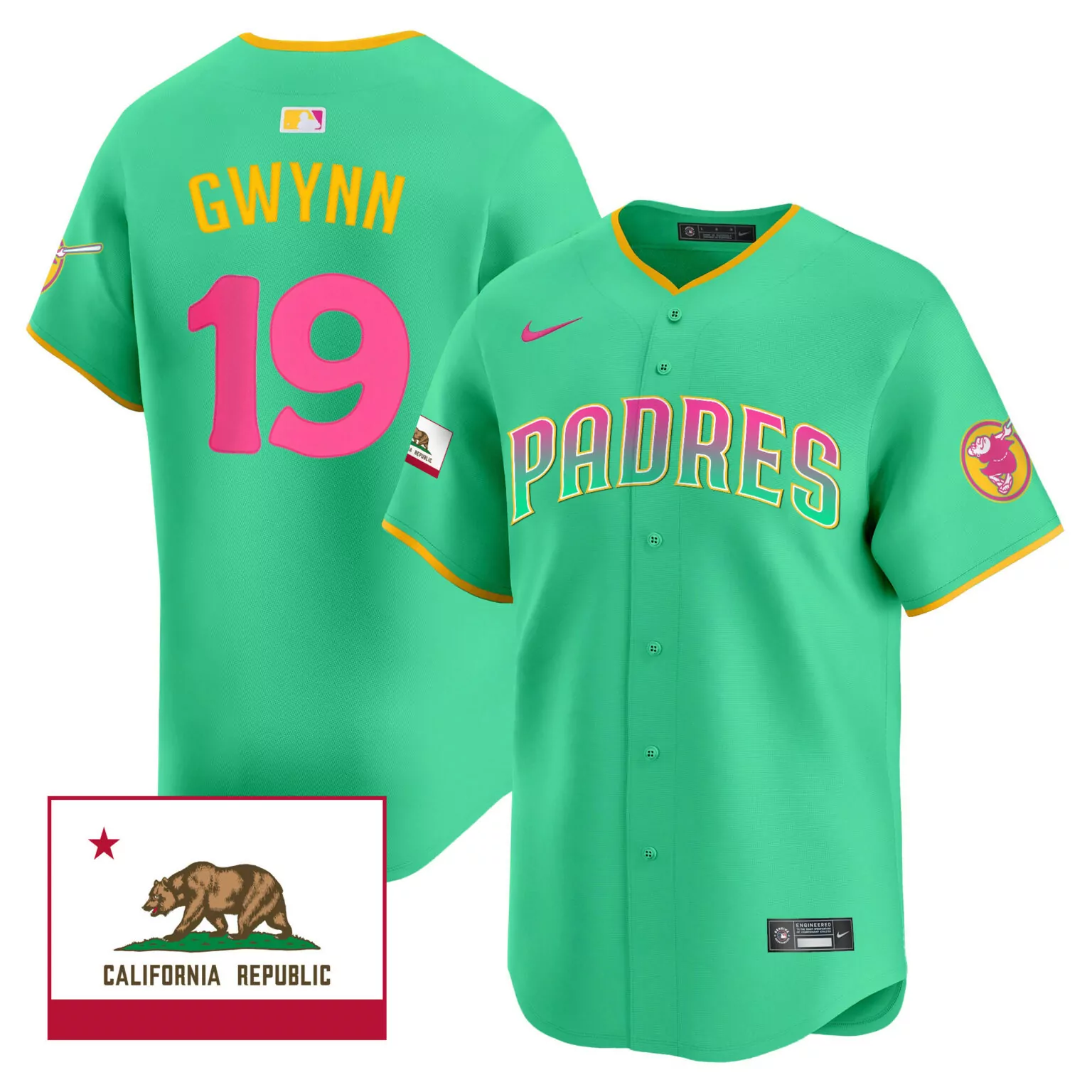 Tony Gwynn 19 Padres Jersey Green California Republic Flag Split Design Yellow Pink