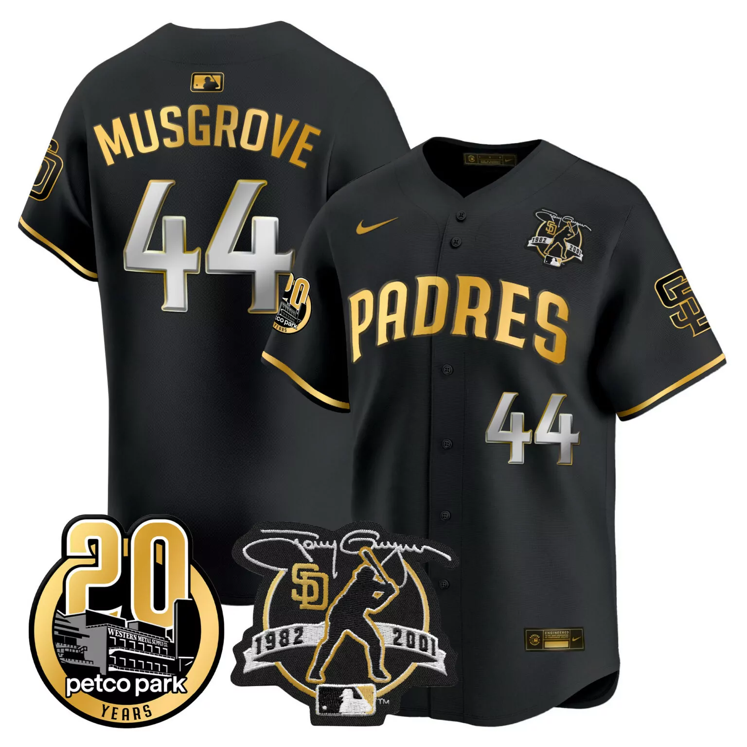 Joe Musgrove 44 Padres Jersey Black 20 Petco Park Years Men Gold Silver All Stitched