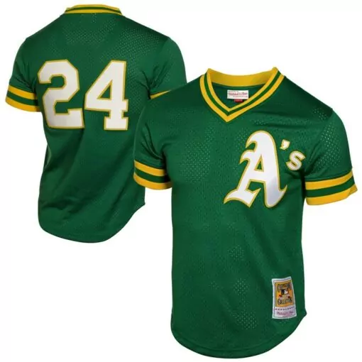 Oakland Athletics 24 Jersey Green Mitchell Ness Collection Men Yellow White Cooperstown