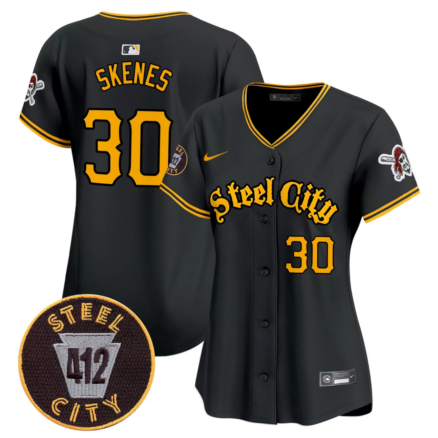 Paul Skenes 30 Steel City Jersey Black Pittsburgh Pirates Skull Crossbones 412 Men