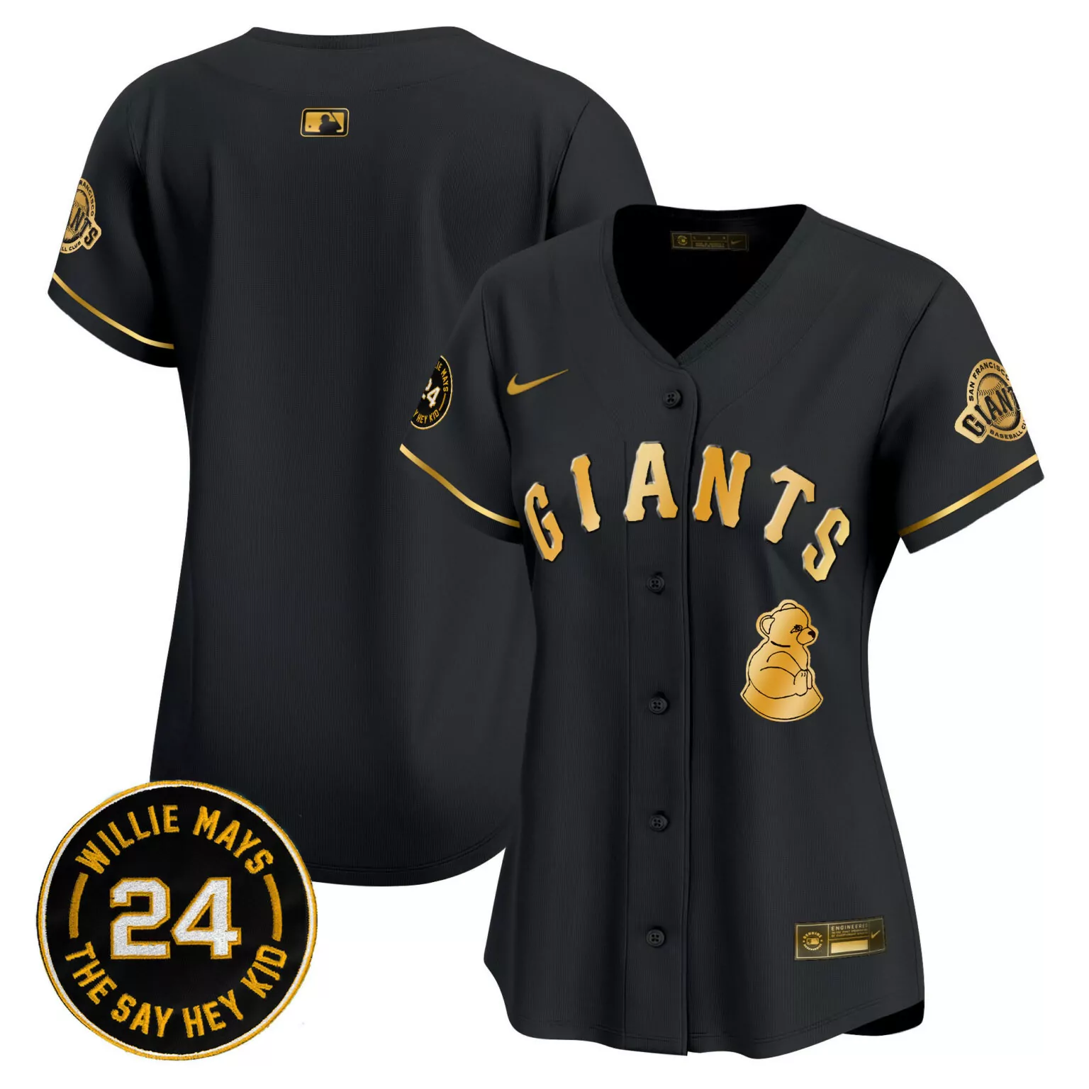 Willie Mays 24 Jersey Black San Francisco Giants Golden Bear Button-up Gold v4 All