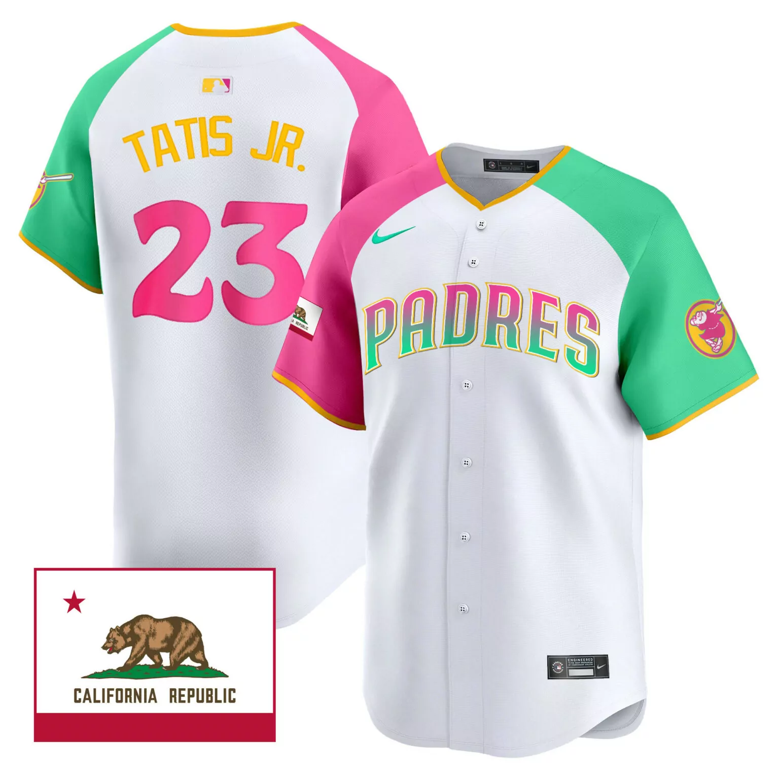 Fernando Tatis 23 Padres Jersey White California Republic Flag Men Split Design Green