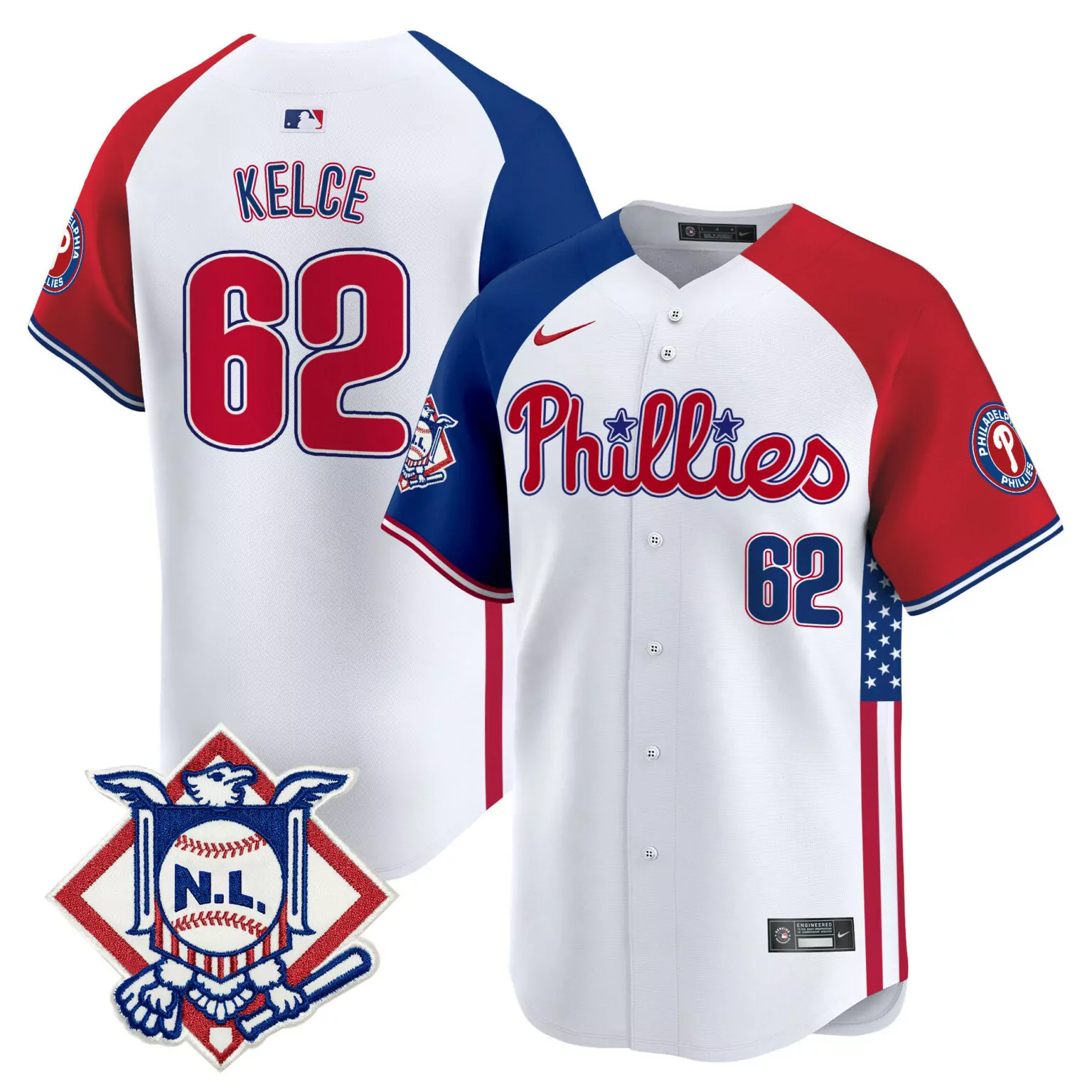 Jason Kelce 62 Phillies Jersey White City Connect N.l. Philadelphia Men Split Design
