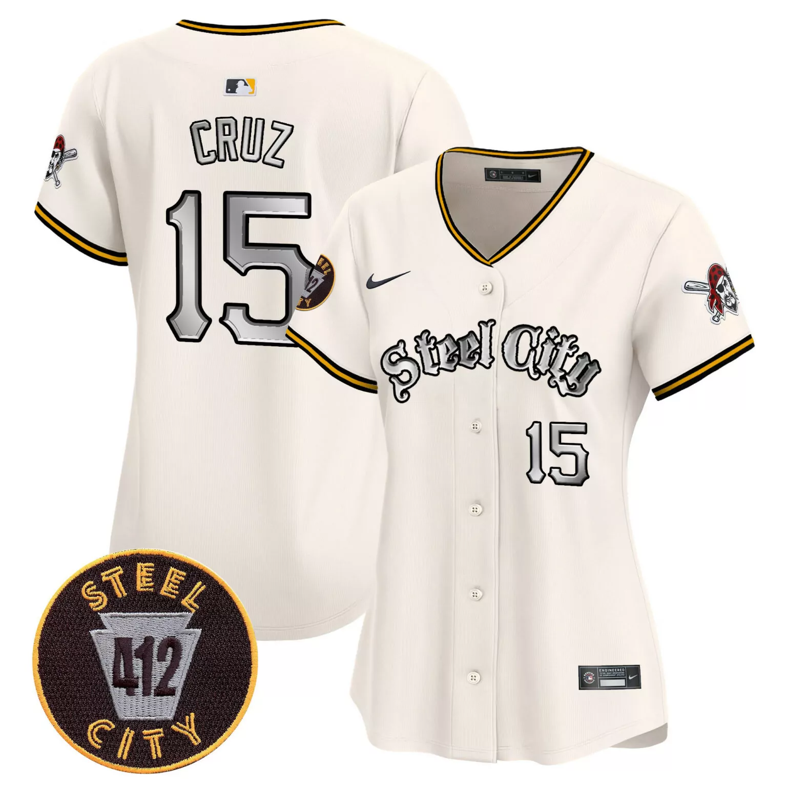 Oneil Cruz 15 Steel City Jersey Cream 412 Pirates Skull Crossbones Women Black Gold