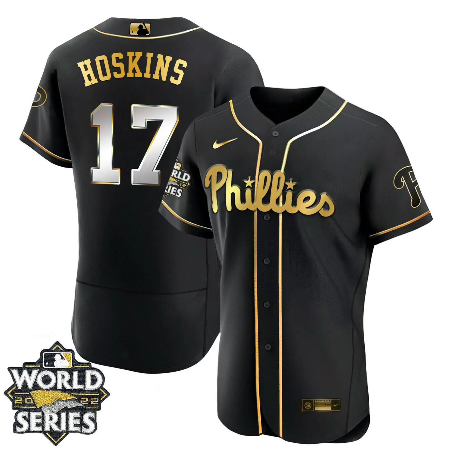 Rhys Hoskins 17 Phillies Jersey Black World Series 2022 Men Gold Silver Flex All