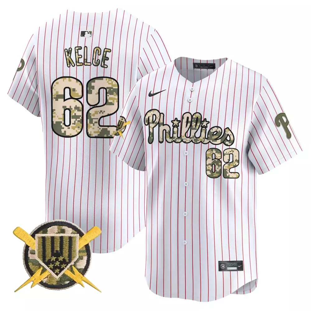 Jason Kelce 62 Phillies Jersey White Camouflage Baseball Bat Lightning Bolt Men Red