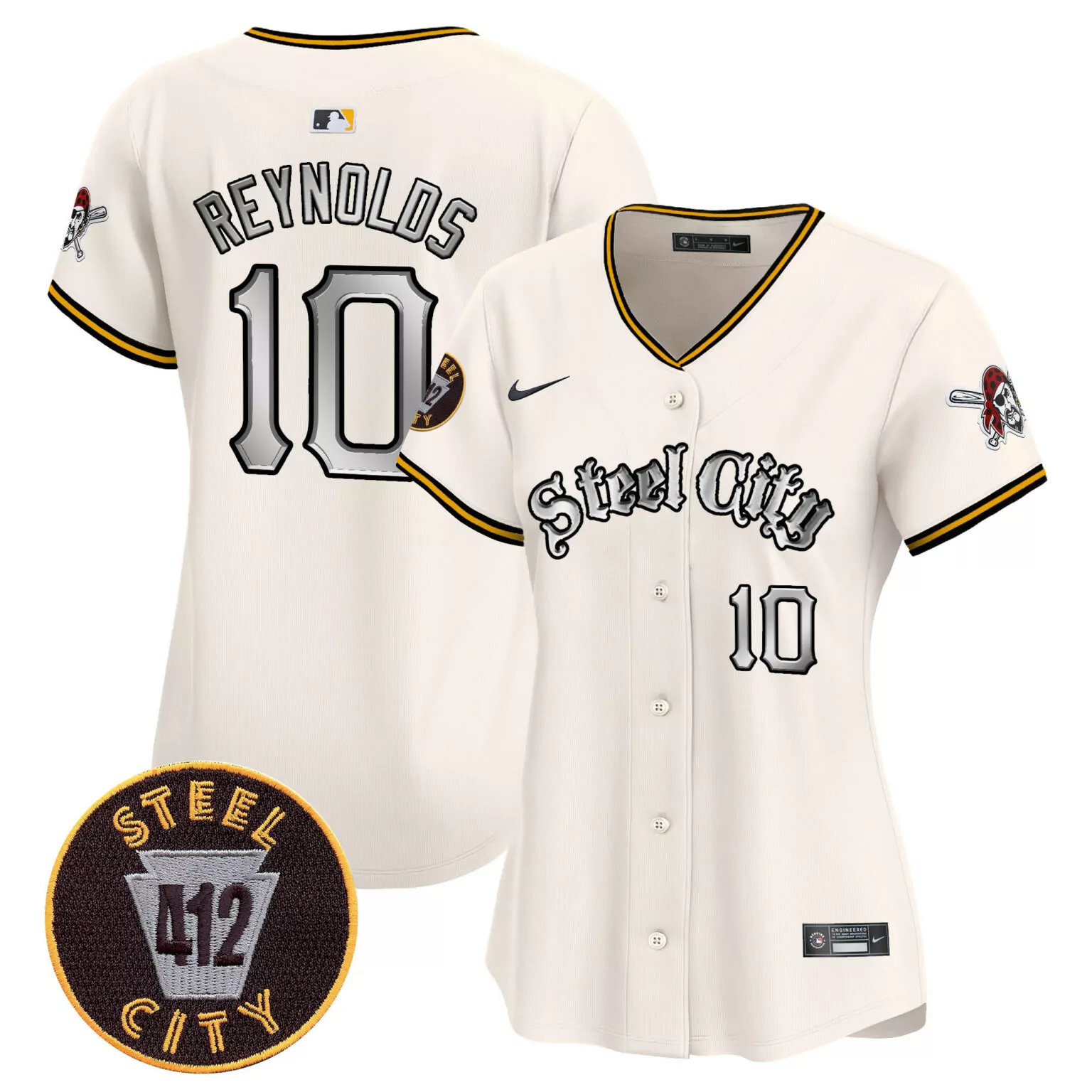 Bryan Reynolds 10 Steel City Jersey Cream 412 Women Black Yellow Silver v2 All Stitched