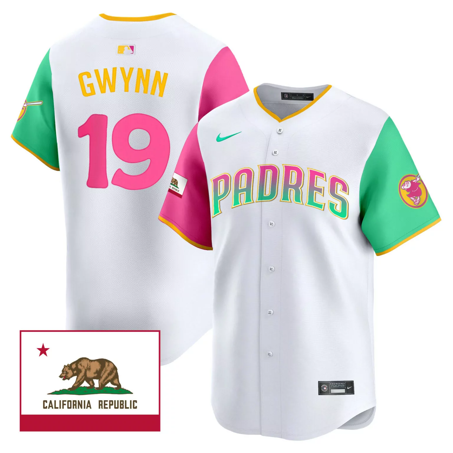 Tony Gwynn 19 Padres Jersey White California Republic Men Split Design Green Pink