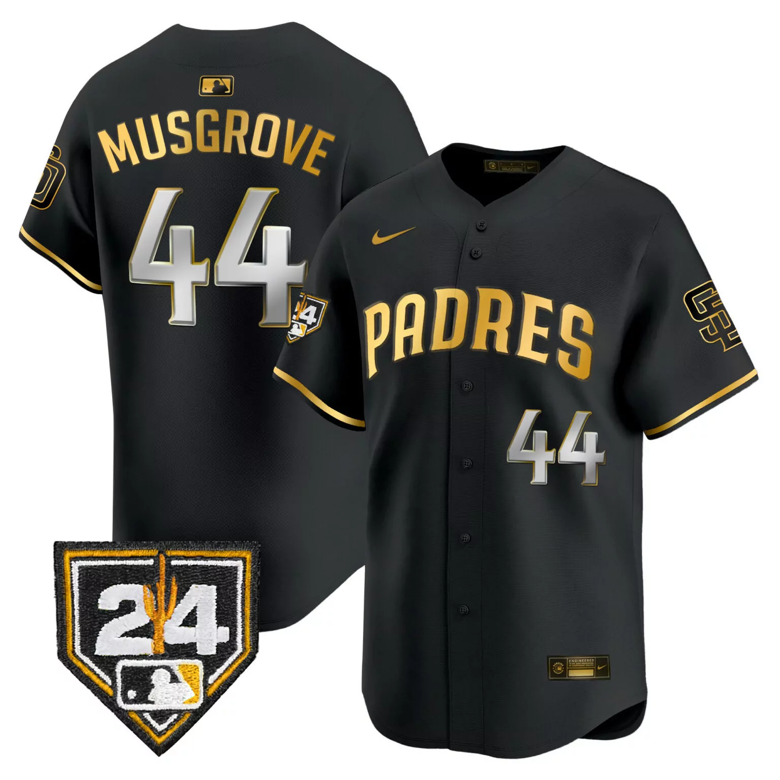 Joe Musgrove 44 Padres Jersey Black Number 24 Men Gold Silver All Stitched