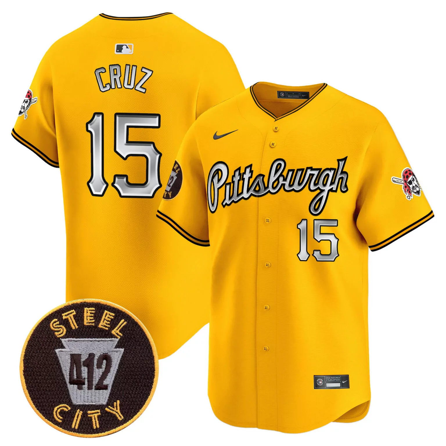 Oneil Cruz 15 Pittsburgh Pirates Jersey Yellow Steel City 412 Men Black White All