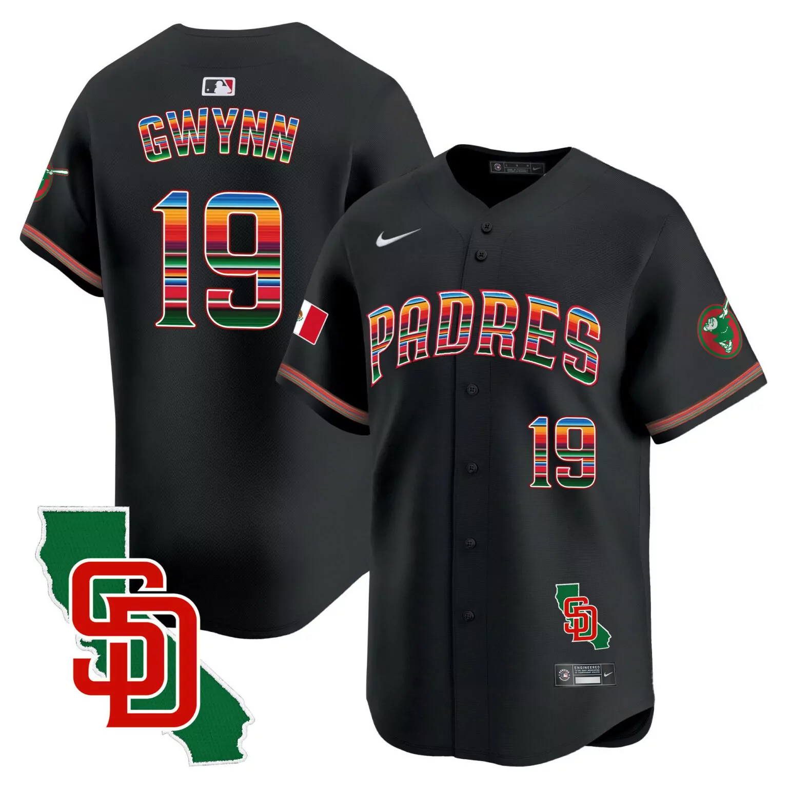 Tony Gwynn 19 San Diego Padres Jersey Black City Connect Mexican Flag California Map