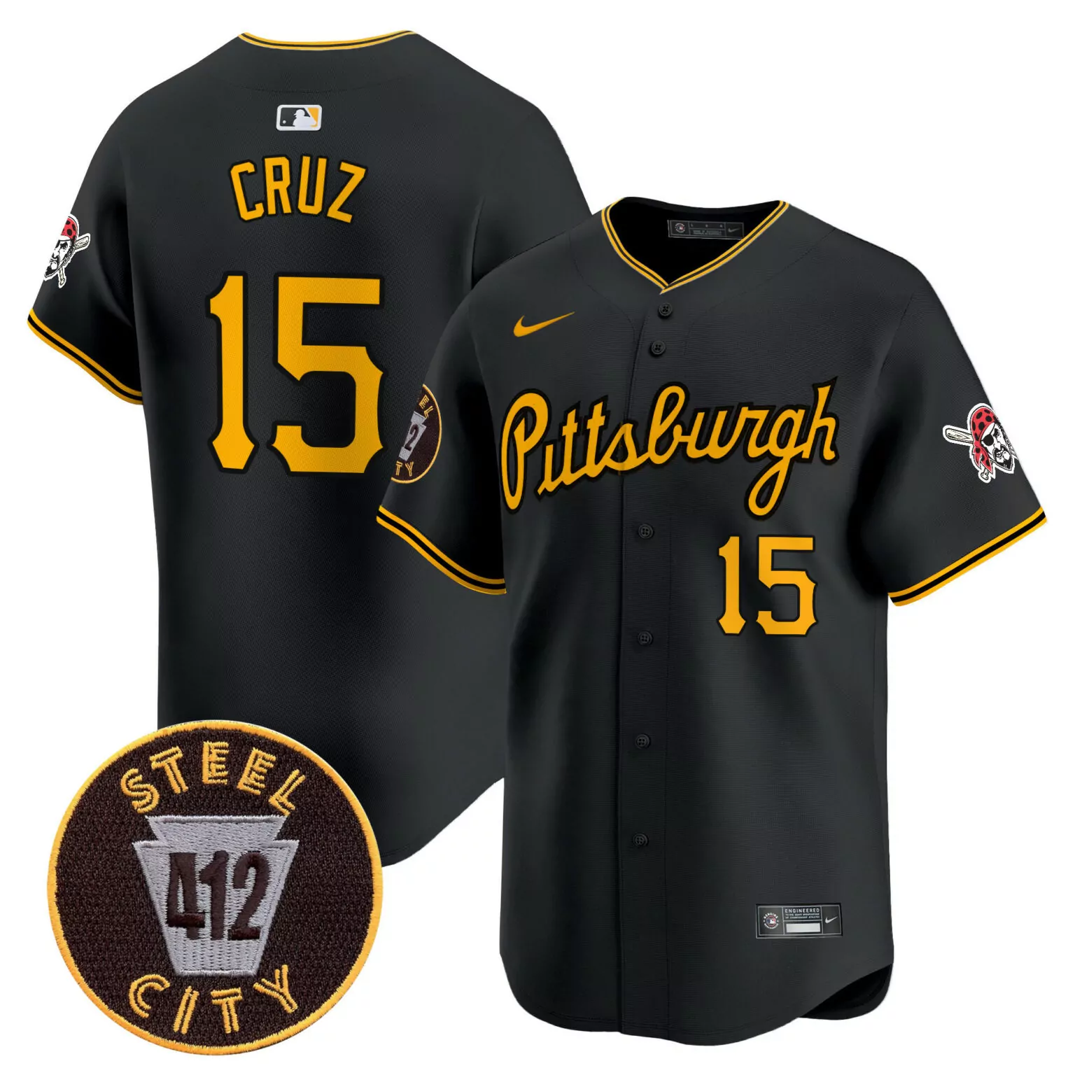 Oneil Cruz 15 Pittsburgh Pirates Jersey Black City Connect Steel 412 Skull Men Gold