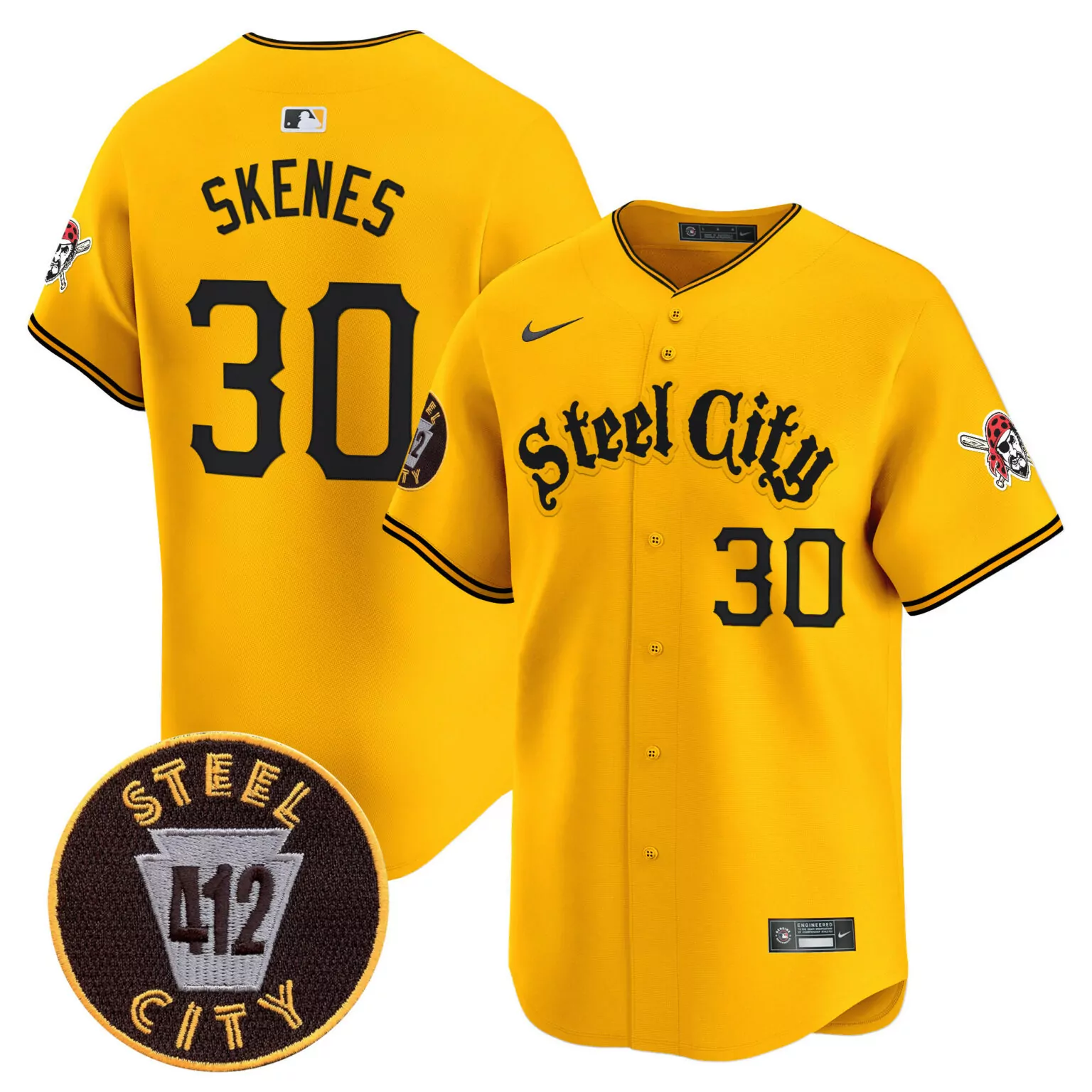 Paul Skenes 30 Steel City Jersey Yellow Connect 412 Pirates Skull Black Red v5 All