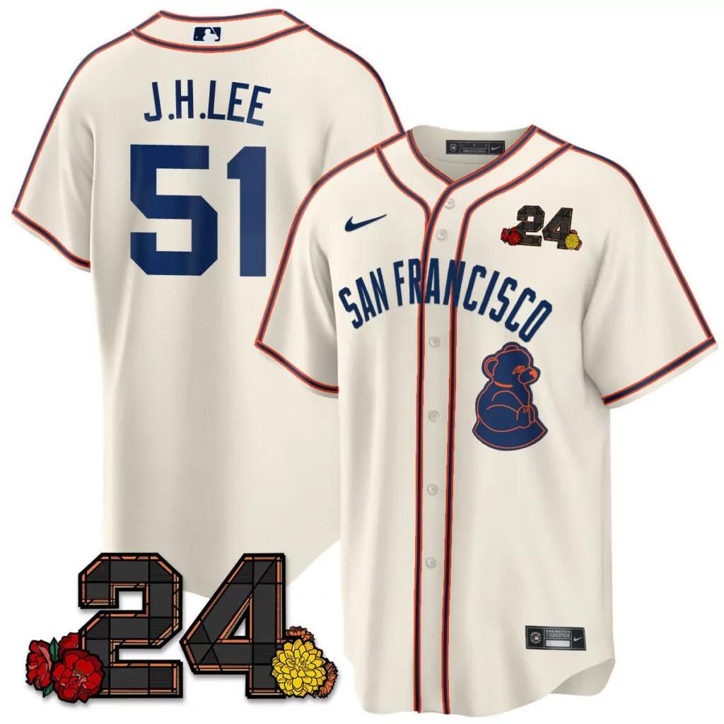 J.h.lee 51 San Francisco Jersey Cream Bear Men Navy Red v2 All Stitched