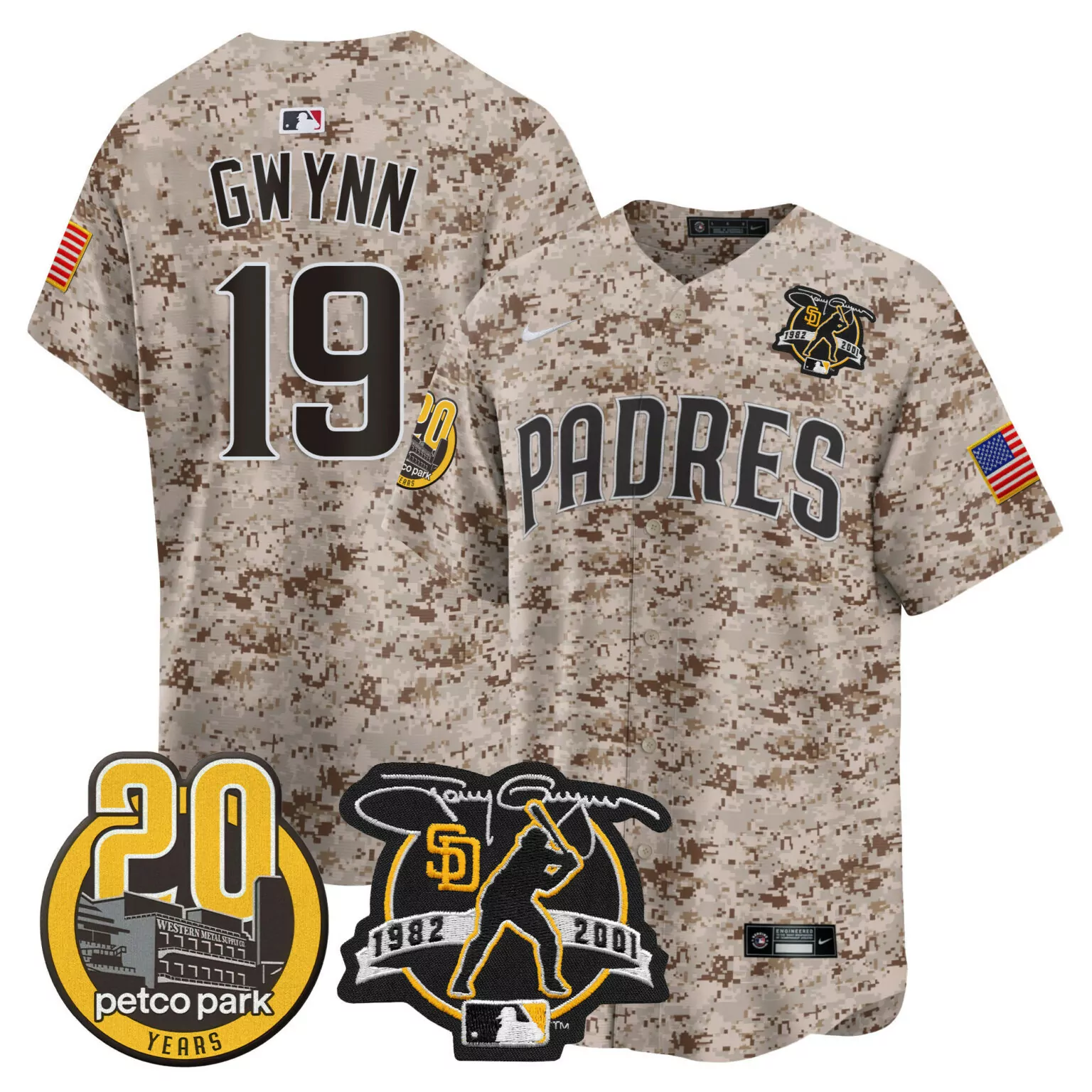 Tony Gwynn 19 Padres Jersey Tan Military Camo Petco Park 20 Years 1982-2001 2001