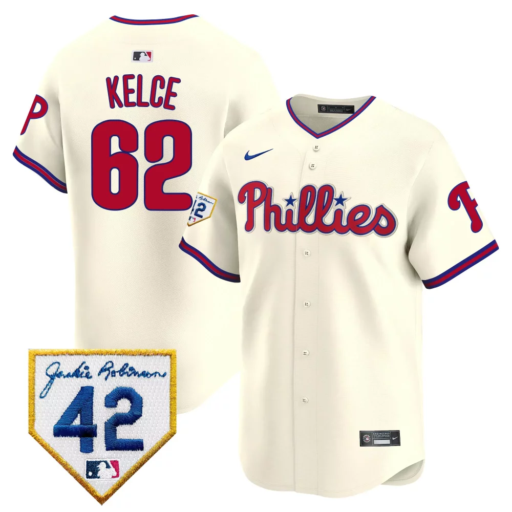 Jason Kelce 62 Phillies Jersey Cream Jackie Robinson Day 42 Men Red Blue Vapor Premier