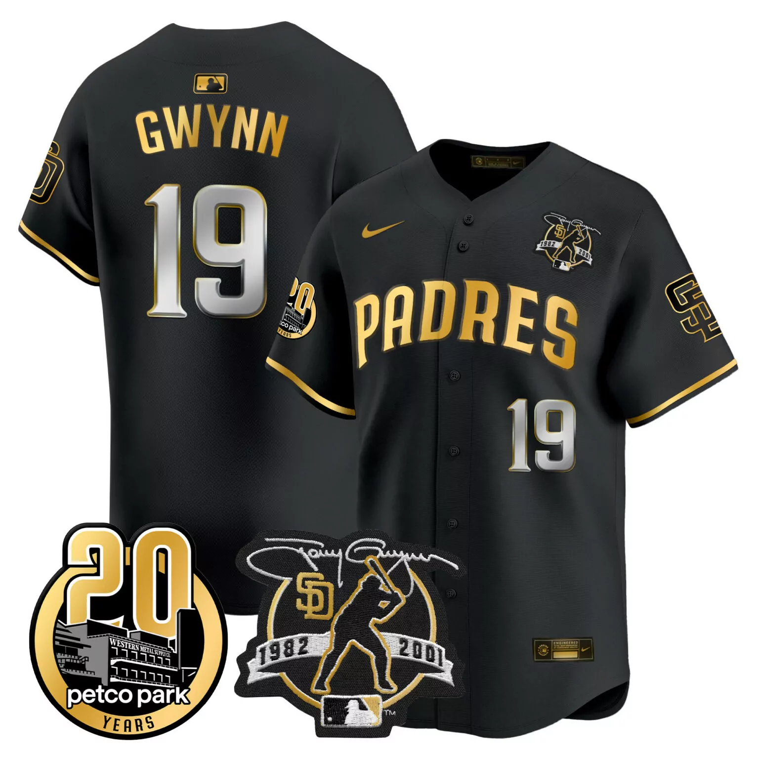 Tony Gwynn 19 Padres Jersey Black 20 Years Petco Park 1982-2001 2001 Men Gold All