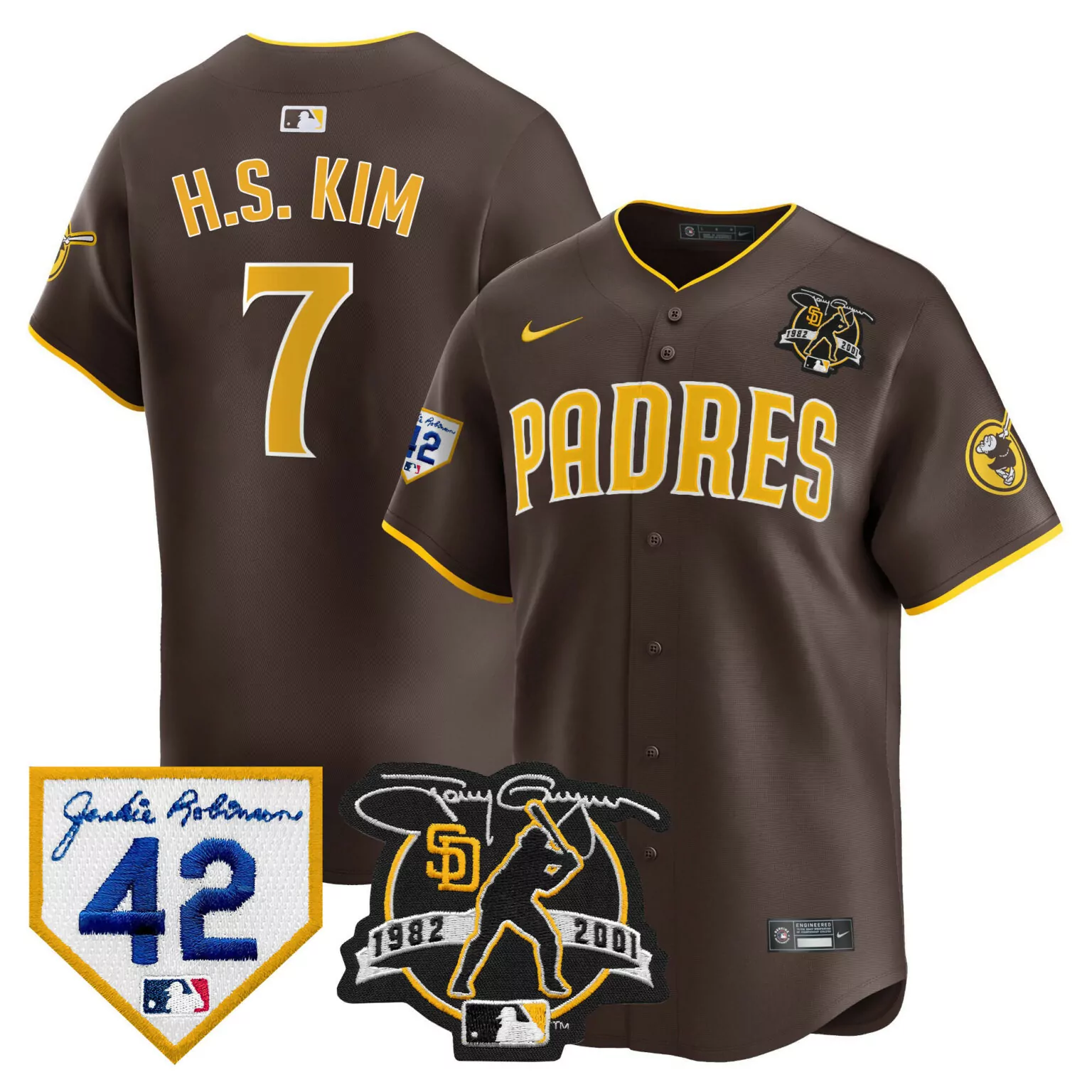 H.s. Kim 7 Padres Jersey Brown 1982-2001 Jackie Robinson 42 Tony Gwynn Men Yellow