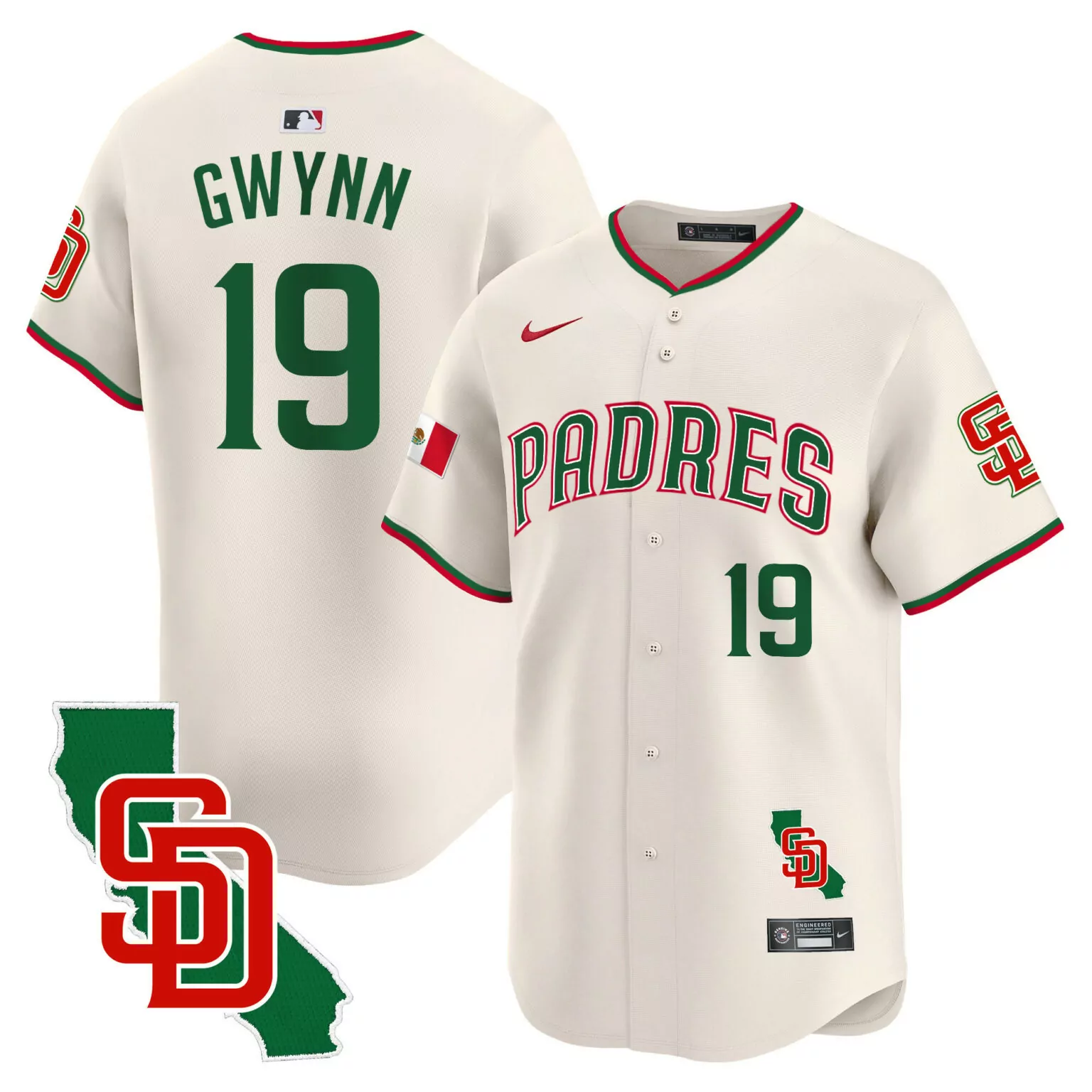 Tony Gwynn 19 Padres Jersey Cream City Connect Mexico Flag Green Red v5 All Stitched