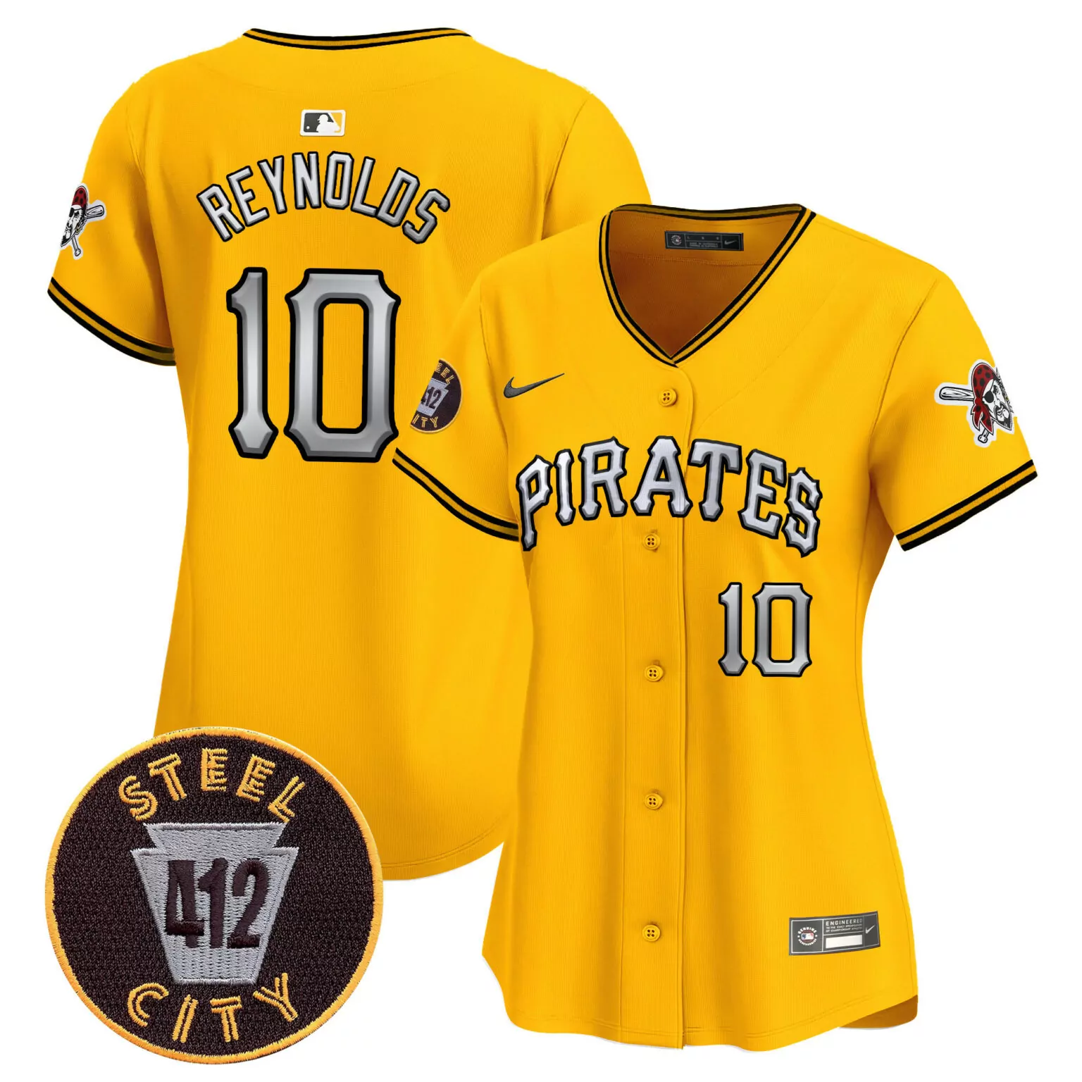 Bryan Reynolds 10 Pirates Jersey Yellow Steel City 412 Women Black Silver All Stitched