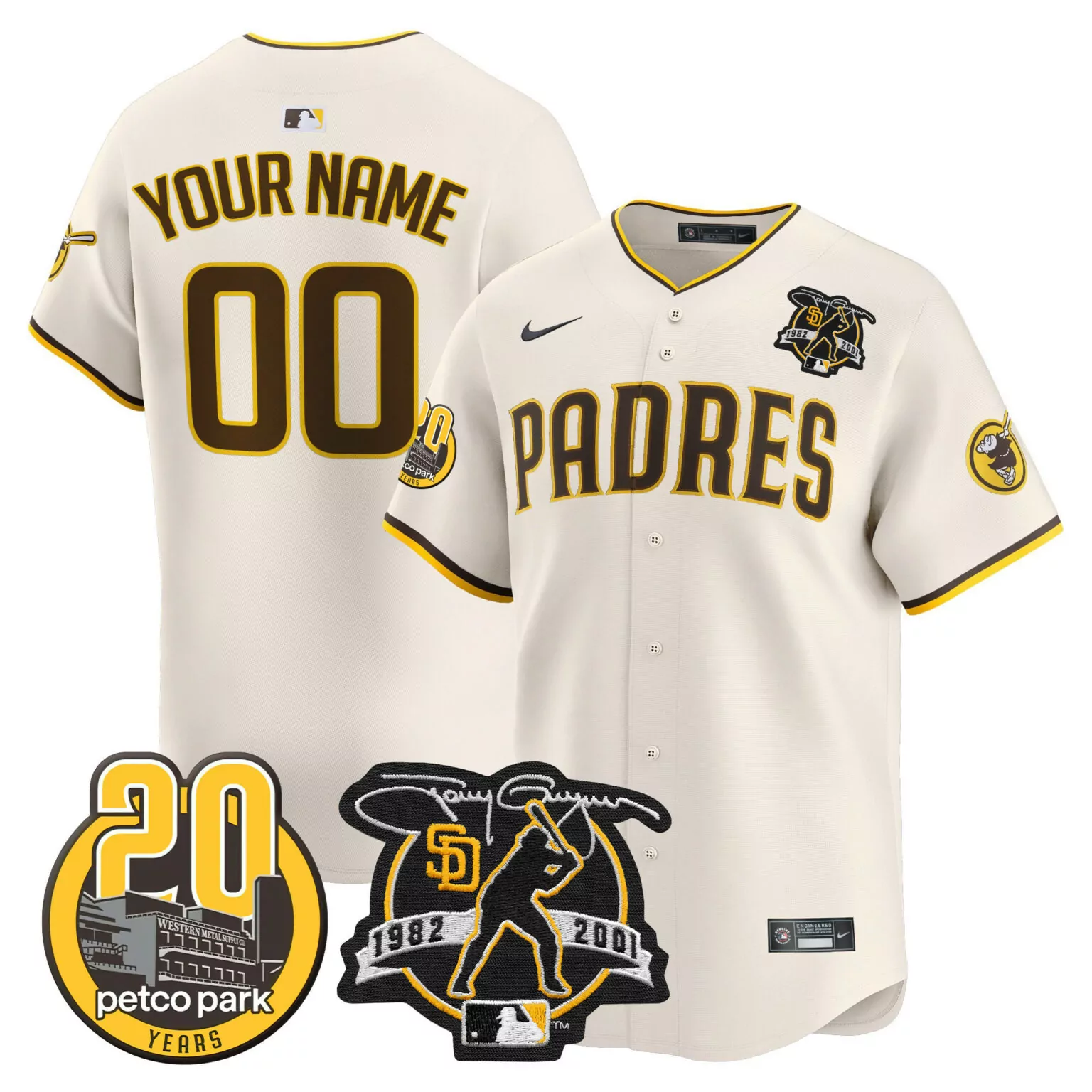 Custom Padres Jersey Cream 20th Anniversary Petco Park Tony Gwynn 1982-2001 Men Brown