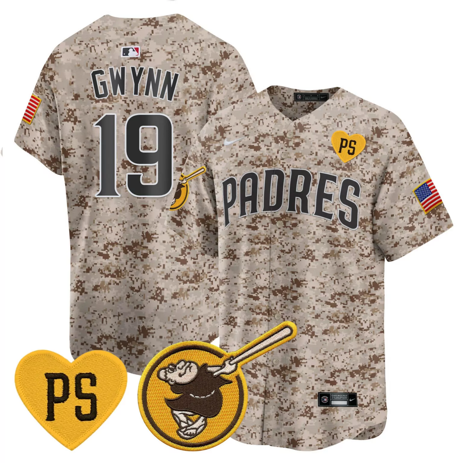 Tony Gwynn 19 Padres Jersey Tan Camouflage USA Flag Ps Heart Men Custom Design Brown