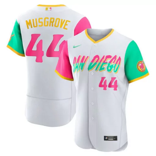 Joe Musgrove 44 San Diego Padres Jersey White Men Split Design Pink Teal Yellow All