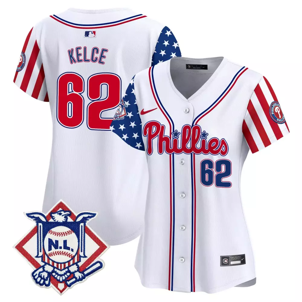 Jason Kelce 62 Phillies Jersey White Stars And Stripes Nl Split Design Red Blue Vapor