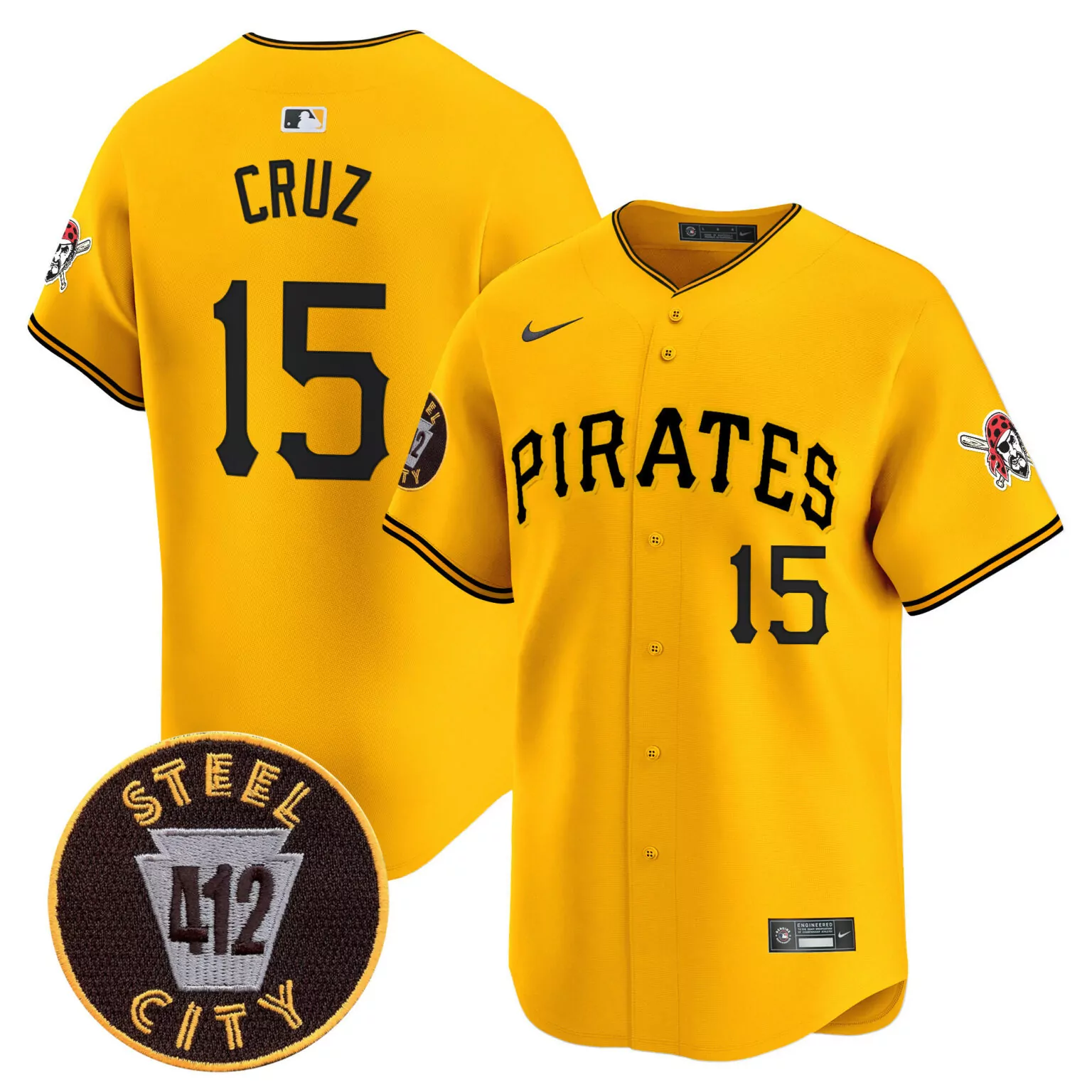 Oneil Cruz 15 Pirates Jersey Yellow City Connect Steel 412 Pirate Skull Men Black