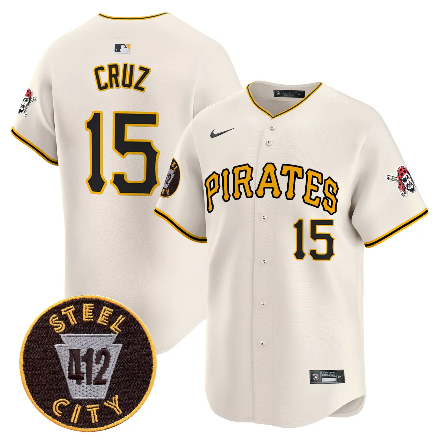 Oneil Cruz 15 Pirates Jersey Cream Steel City 412 Men Black Gold v3 All Stitched