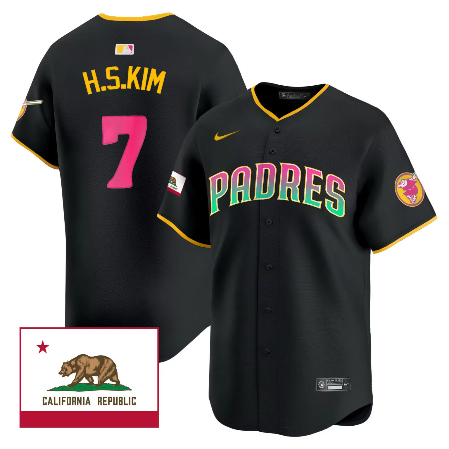 H.s. Kim 7 Padres Jersey Black California Republic Flag Alternate Yellow Pink Green