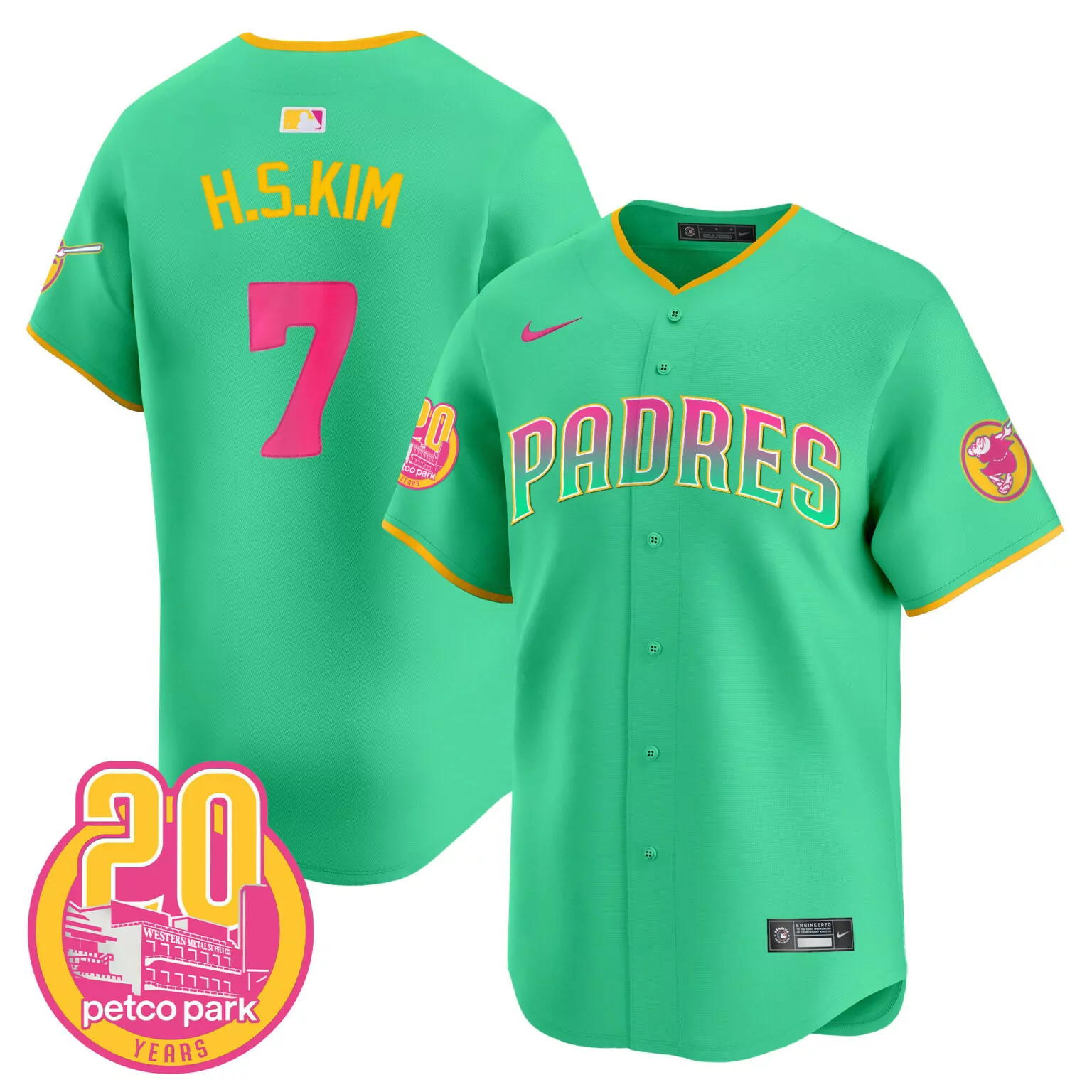 H.s. Kim 7 Padres Jersey Green Petco Park 20 Years Men Alternate Yellow Pink Orange