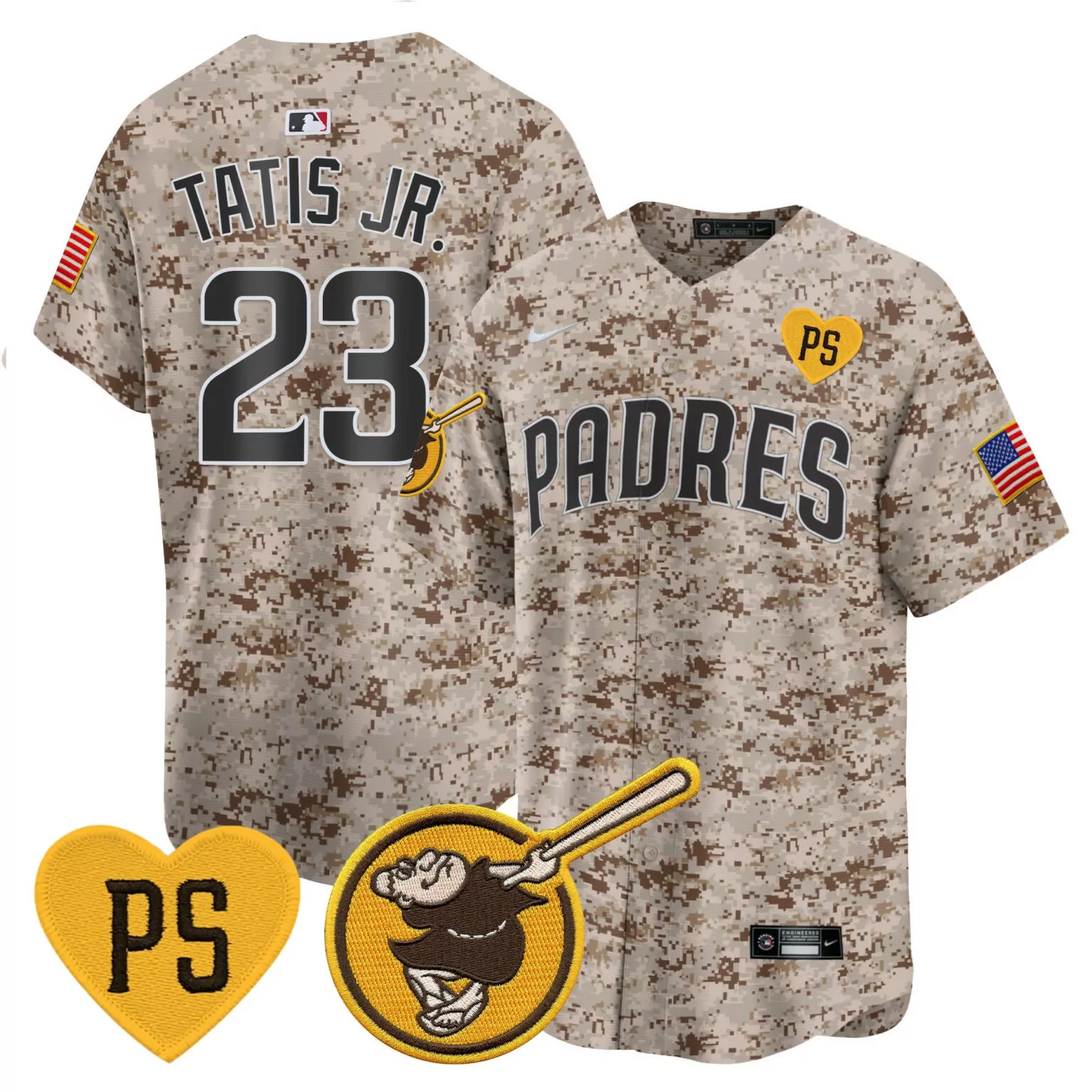 Fernando Tatis 23 Padres Jersey Tan Military Camouflage American Flag Heart Ps Men