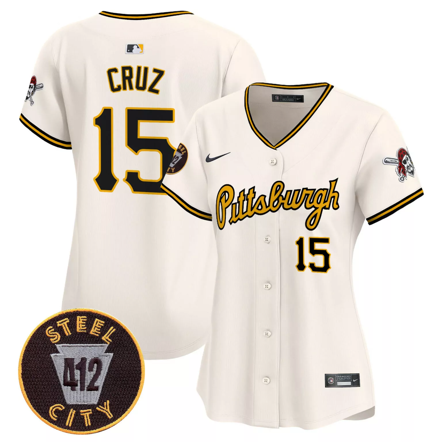 Oneil Cruz 15 Pittsburgh Pirates Jersey Cream Steel City 412 Women Black Gold v4