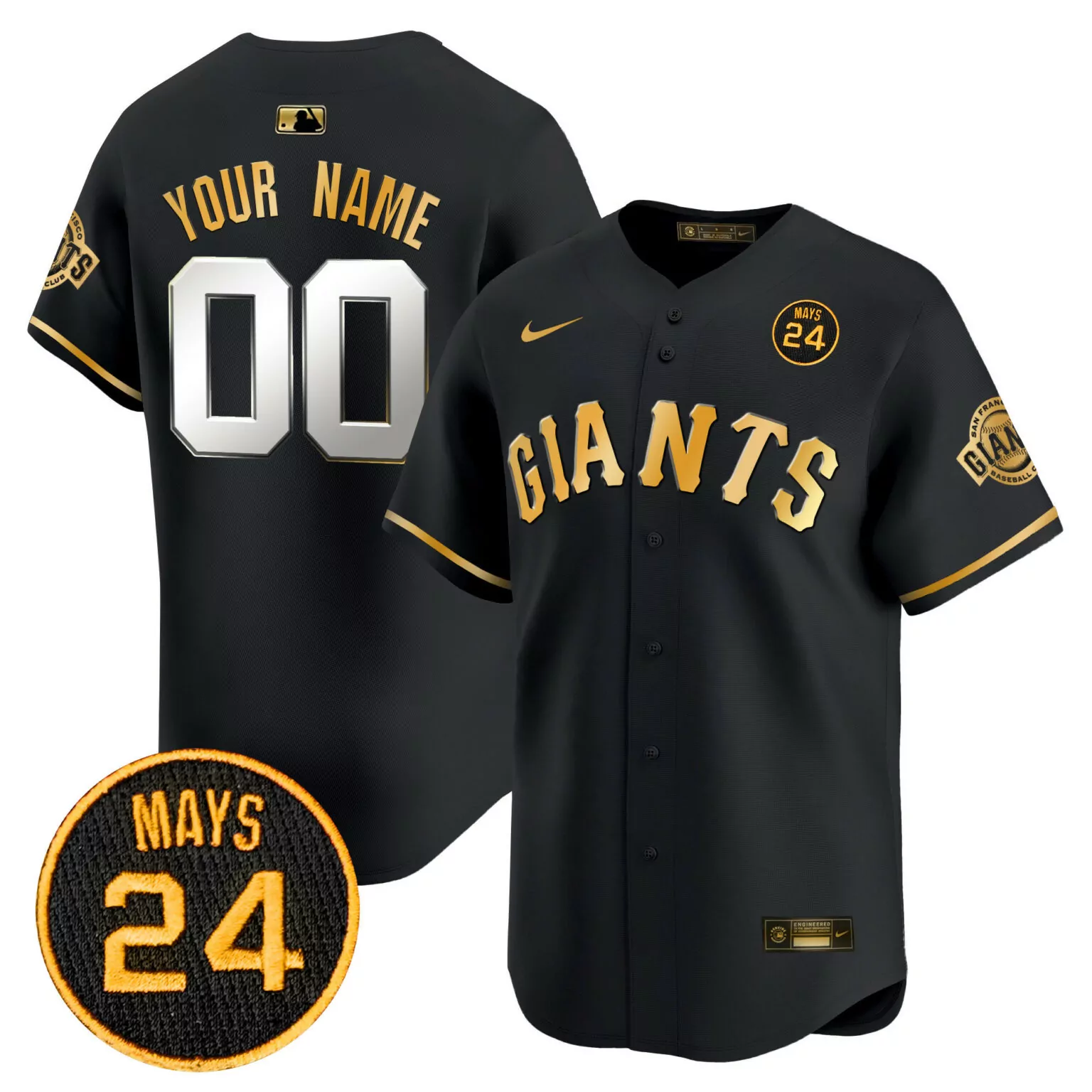 Custom Giants Jersey Black Mays Authentic Engineered Gold Vapor v3 All Stitched