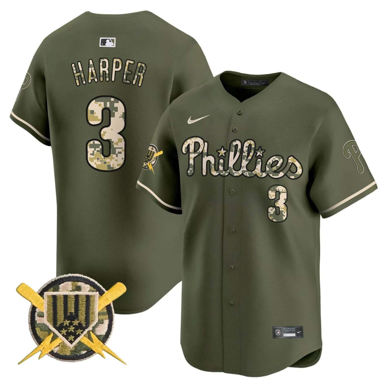 Bryce Harper 3 Phillies Jersey Olive Green Military Appreciation Men Custom Design