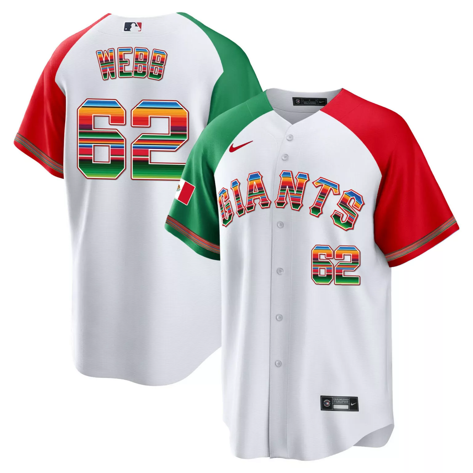 Logan Webb 62 Giants Jersey White Mexico Flag Men Split Custom Design Red Green Alternate