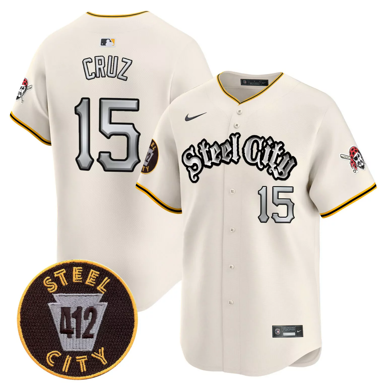 Oneil Cruz 15 Pittsburgh Pirates Jersey Cream Steel City 412 Batterman Men Yellow