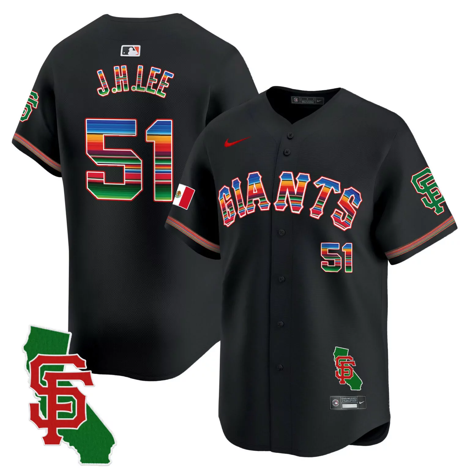 J.h. Lee 51 San Francisco Giants Jersey Black Cinco De Mayo California State Outline Mexico Flag